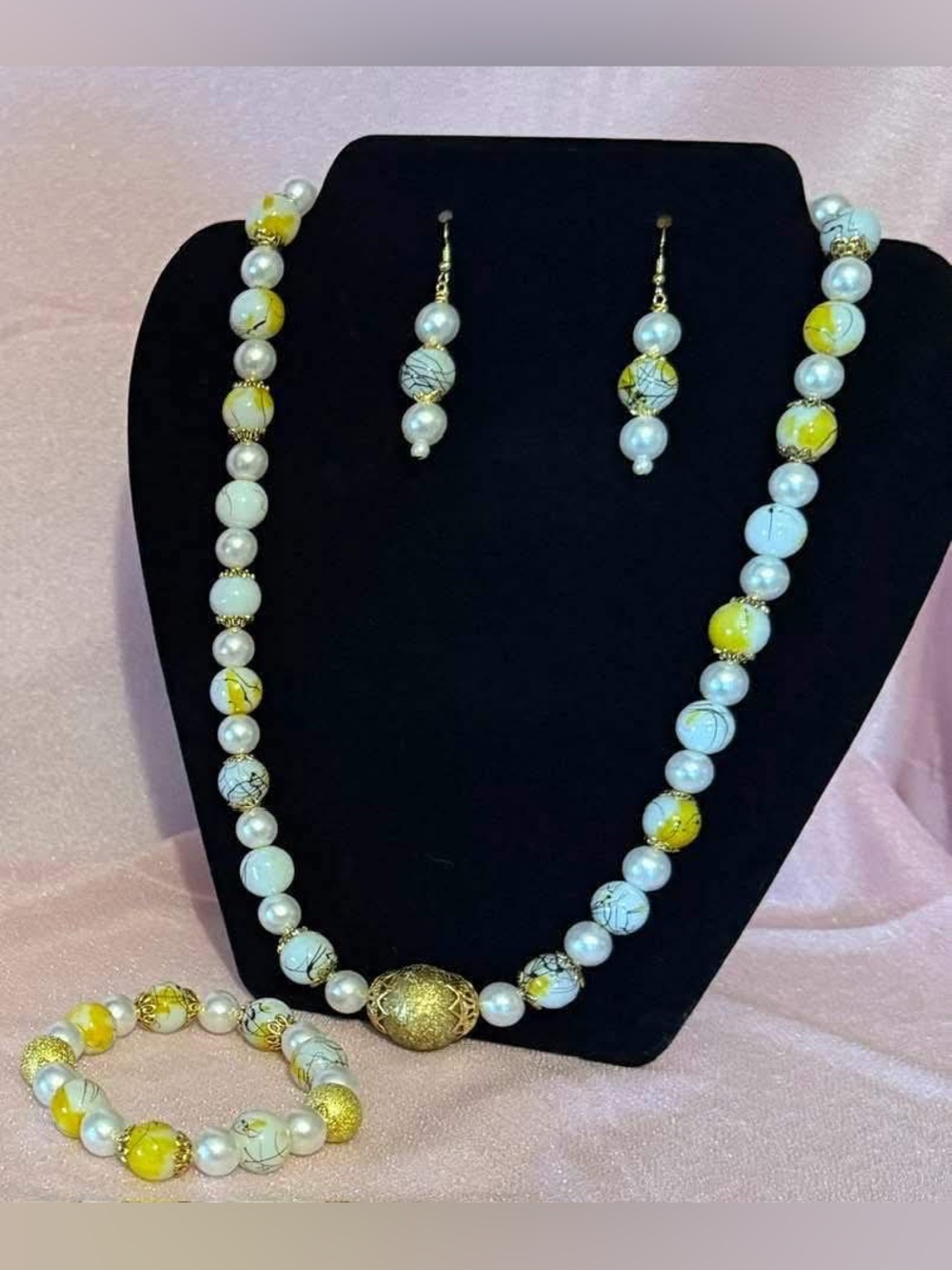Yellow White Gameday Beaded Necklace Earring Bracelet Set